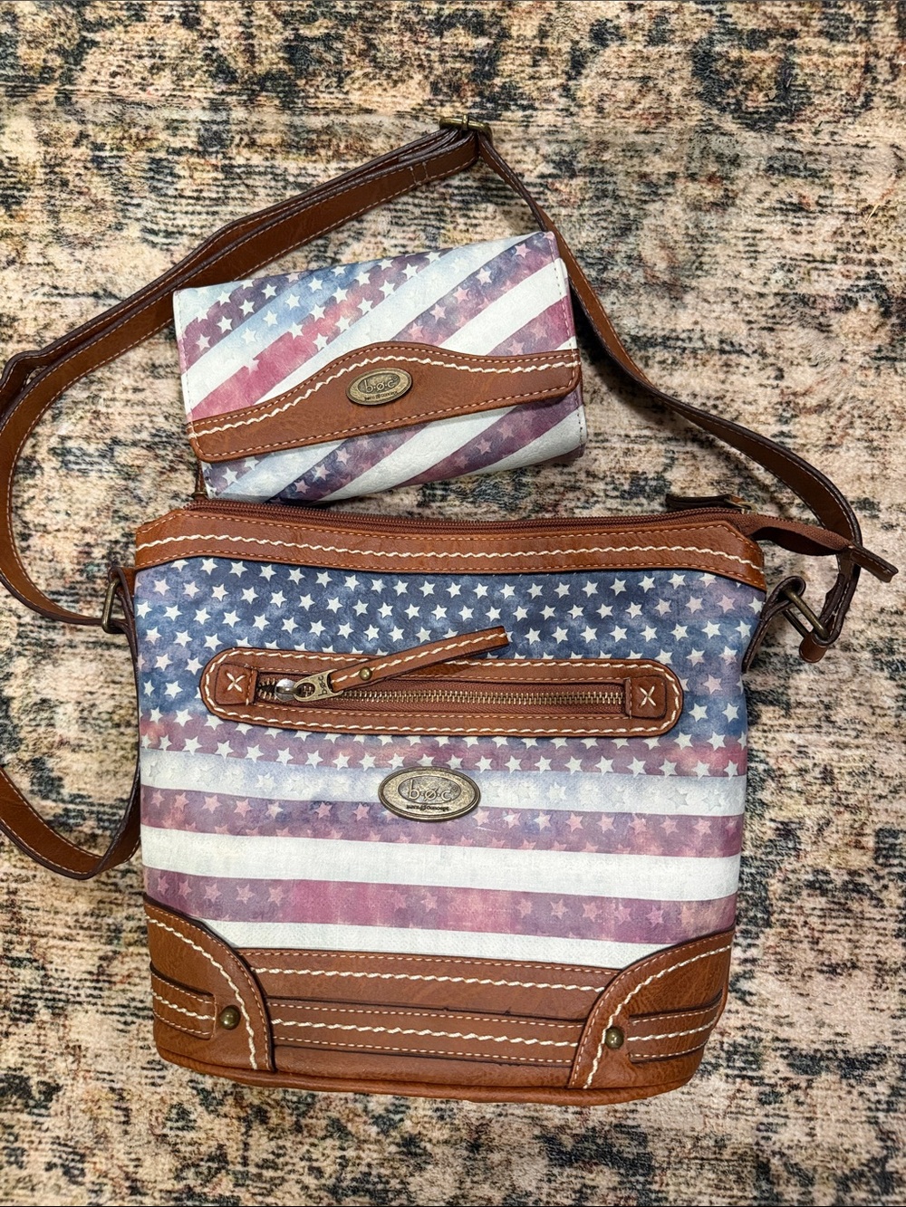 Women’s Crossbody Bag and Wristlet – American Flag Print in Brown Trim
